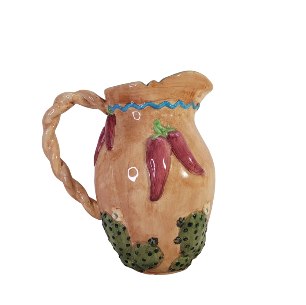 Lotus Majolica Cactus And Hot Pepper 10" H Large Pitcher China 1995 Vintage